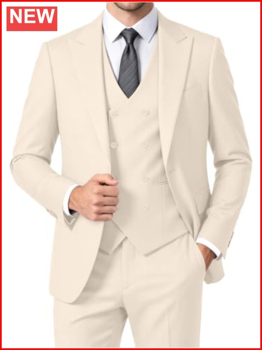 Men's 3 Piece Slim Fit Suit Set Double Breasted Tuxedo Blazer Vest Pants